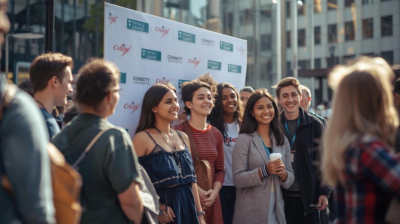 College students and faculty smiling together at a branded NYC campus event.