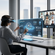 A student in 2025 is seen at a sleek, minimalist desk wearing a mixed-reality headset, interacting with a holographic interface that displays an interactive lesson.