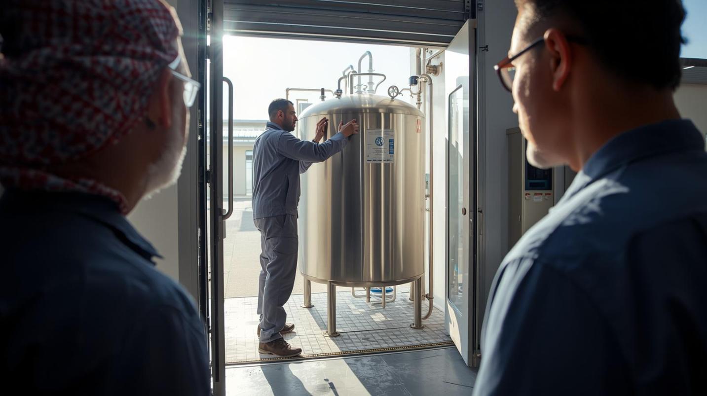 Technician inspecting university water tank while facility manager observes bright campus maintenance area.