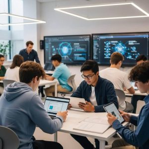 Students using laptops and tablets in a modern classroom, digital learning environment