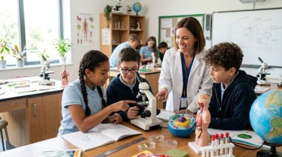 Students conducting a hands-on science experiment in a bright classroom with microscopes, models, notebooks, and educational materials, engaged teacher guiding them